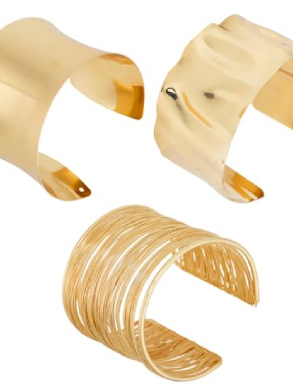 3pc Gold Tone Bangle Bracelet Set Open Cuff Women Hammered Wire
